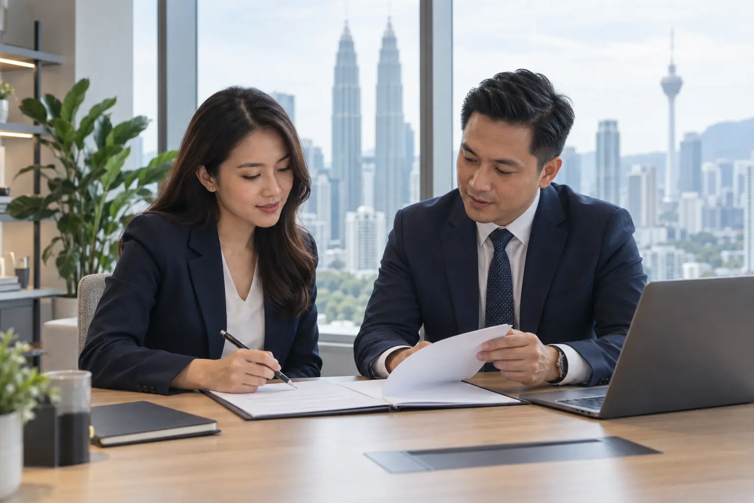 Business founder and adviser reviewing company incorporation documents in a Kuala Lumpur office.