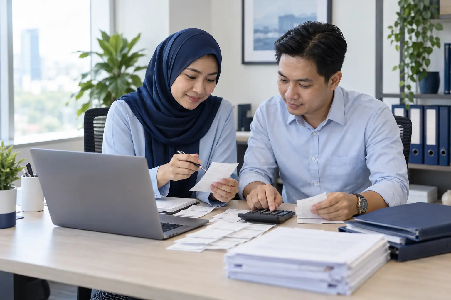 Two Malaysian colleagues checking receipts and a calculator while preparing monthly accounting records.